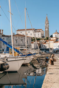 Townscape of idyllic mediterranean town on coast of adriatic sea in piran, slovenia