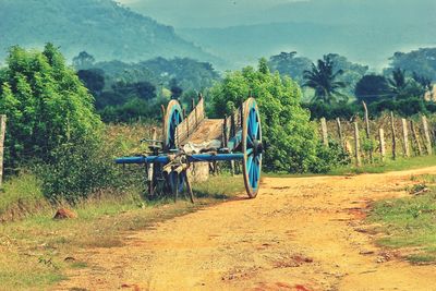 Man on field by trees against sky