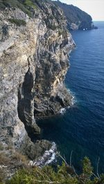 High angle view of rock formation by sea against sky