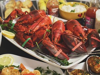 High angle view of food served on table