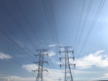 Low angle view of electricity pylon against sky