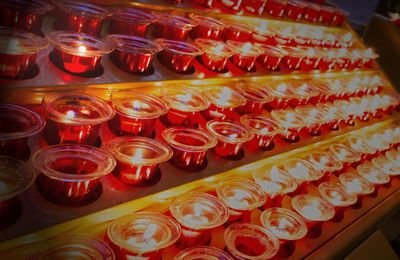 High angle view of candies in glass container