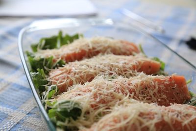 Close-up of fresh seafood served in plate on table