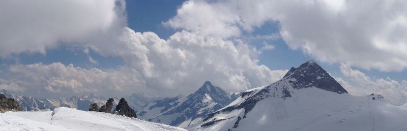 Panoramic view of snowcapped mountains against sky
