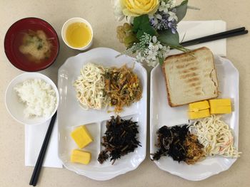 High angle view of breakfast served on table