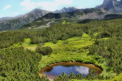 Scenic view of lake by mountains against sky