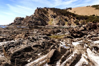 Rock formations on landscape against sky