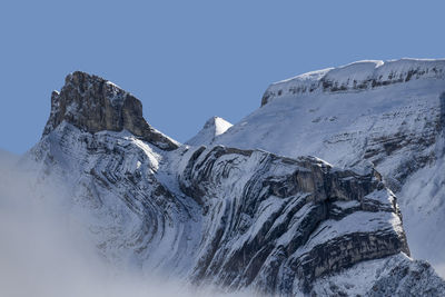 Scenic view of snowcapped mountains against clear sky