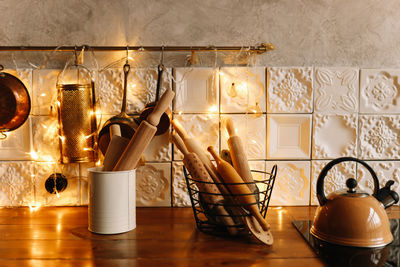 The interior of a christmas decorated kitchen in the loft style in a cozy house