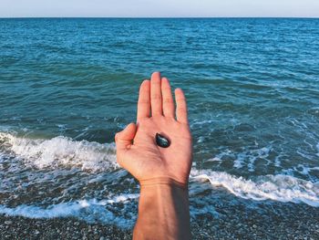 Cropped hand of person holding shell by sea against sky