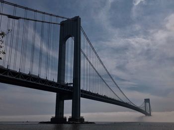 View of suspension bridge against cloudy sky