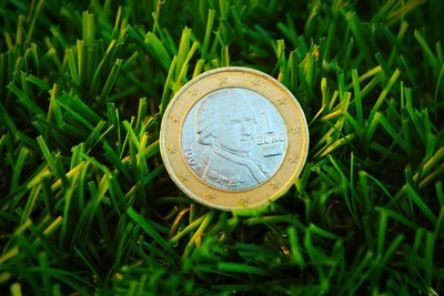 High angle view of coin on field