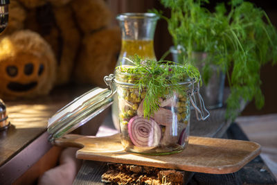 Appetizer of herring with onions marinated in mustard-vinegar sauce, recipe