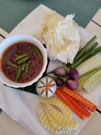 High angle view of meal served on table