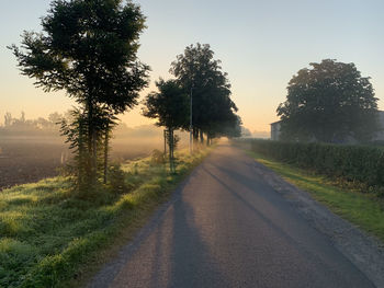 Empty road amidst trees on field against sky