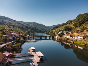 Aerial view drone of the port of belesar in ribeira sacra, galicia - spain