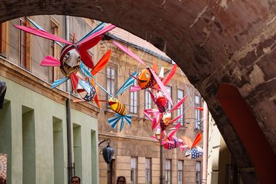 Low angle view of multi colored outdoor art exhibit