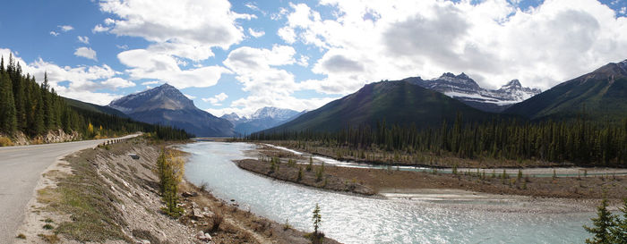 Panoramic view of snowcapped mountains against sky