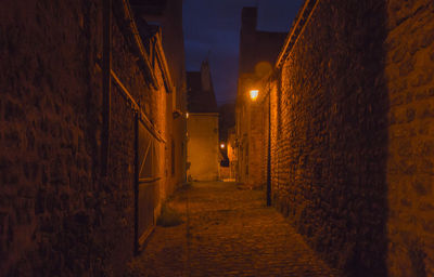 Narrow alley amidst buildings in city at night