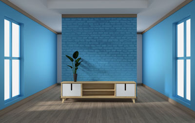 Potted plant on floor against building