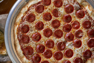 High angle view of pizza on table