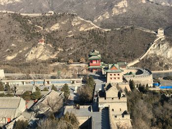 High angle view of buildings and mountains