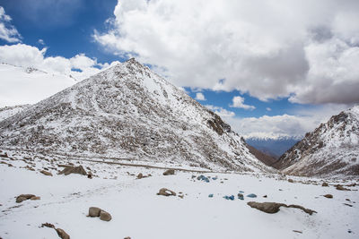 Scenic view of snow covered mountains against sky