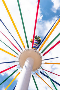 Low angle view of multi colored straps on pole against sky