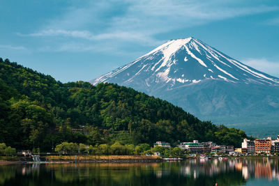 Scenic view of lake by mountains against sky