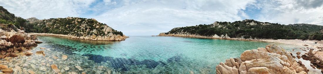 Panoramic view of bay against sky