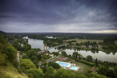 High angle view of trees and plants against sky