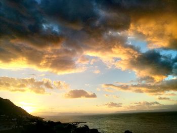 Scenic view of sea against dramatic sky