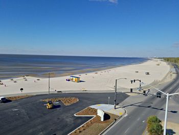 High angle view of beach against clear blue sky