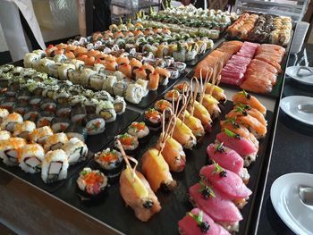 High angle view of sushi on table