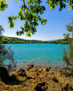 Scenic view of lake against clear blue sky