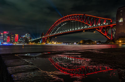 Illuminated bridge over river at night