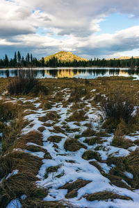 Scenic view of lake against sky during winter