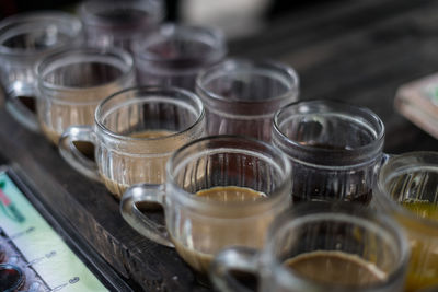 Close-up of wine glasses on table
