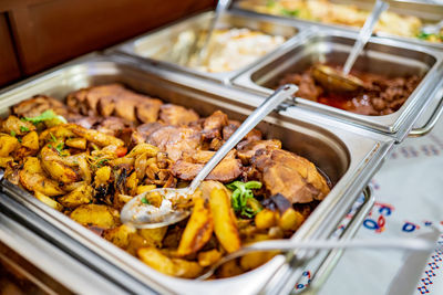 High angle view of meat in container on table