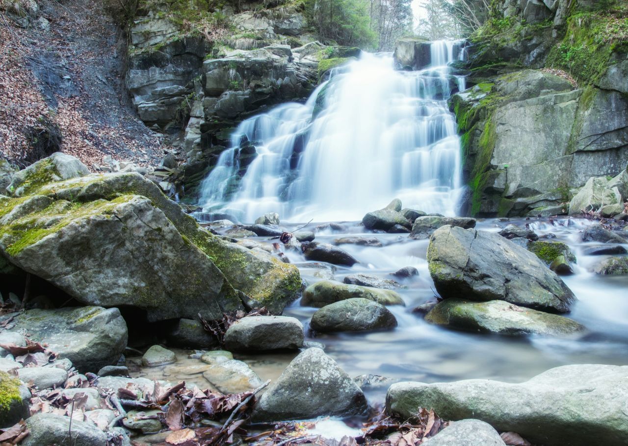 waterfall, water, flowing water, motion, rock - object, long exposure, flowing, beauty in nature, scenics, nature, forest, rock formation, rock, stream, blurred motion, power in nature, splashing, surf, river, environment