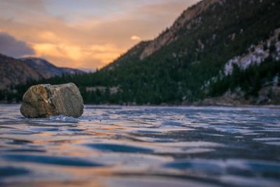 Surface level of rocks on shore against sky during sunset