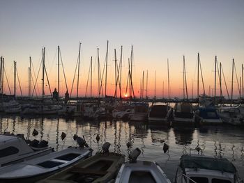 Sailboats in sea at sunset
