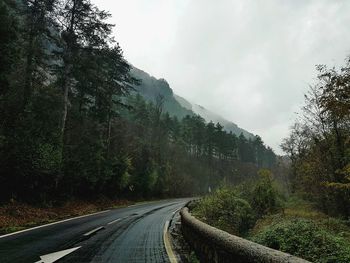 Empty road amidst trees against sky