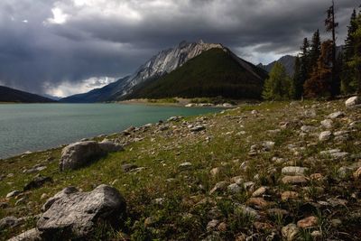 Scenic view of lake and mountains against sky