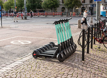 Bicycles on footpath in city