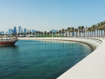 Scenic view of sea against clear blue sky