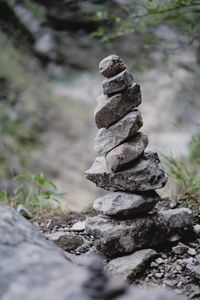 Close-up of stone stack on rock