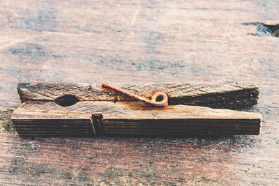 Old wooden clothes peg with rusty spring.