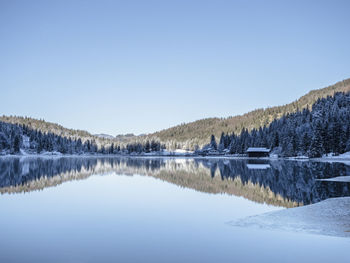 Scenic view of lake against clear sky during winter