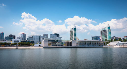 City by river and buildings against sky